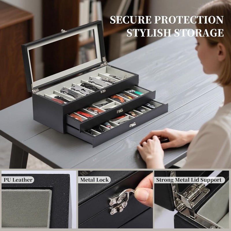 AUTOARK 3-Tier PU Leather & Velvet Knife Organizer with 26 Slots,Transparent Glass Top & Drawer,Compact Storage for Pocket Knives,Ideal for Men's Collections & Gifts,Black,MKAW016 - Image 3